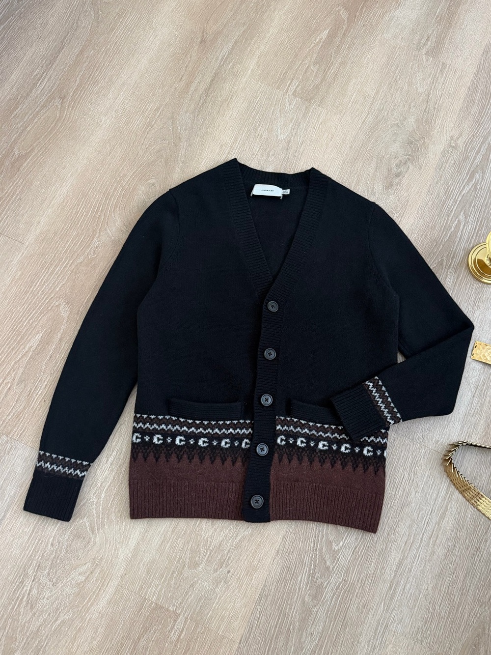 Coach Oversized Fair Isle Wool Alpaca Cardigan Black Brown Signature C